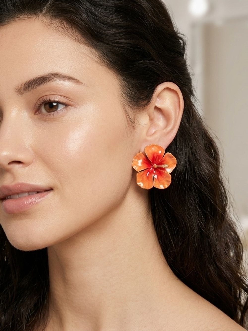 Piper K Orange Hibiscus Tropical Floral Statement Earrings